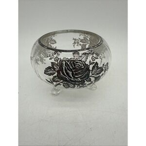 Vintage Viking Clear 3 Footed Flowerlite Rose Bowl Princess Rose Silver Overlay